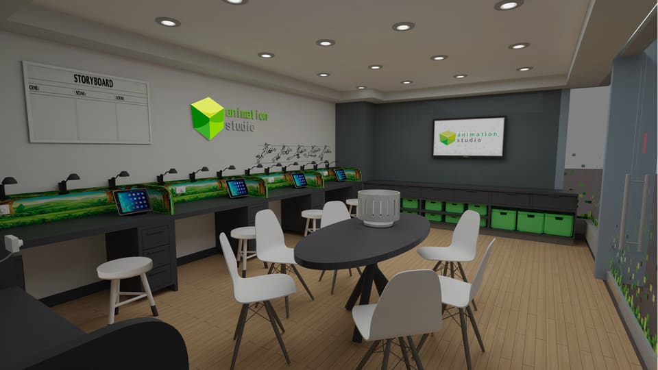 Modern corporate office workspace in Business Bay with light oak-toned flooring, a grey accent feature wall, a circular meeting table surrounded by white moulded chairs, a wall-mounted display screen, a long bench desk with multiple monitors and storage cubbies, recessed ceiling downlights and a wall-mounted whiteboard.