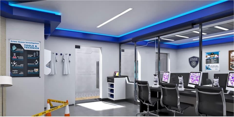 Interior of a fitted-out co-working and tech workspace in Dubai with glass-partitioned workstation bays, high-back ergonomic mesh chairs and dual monitors, a polished concrete-look floor, a white joinery service counter, and a recessed ceiling featuring an electric-blue LED cove and a suspended linear light fixture.
