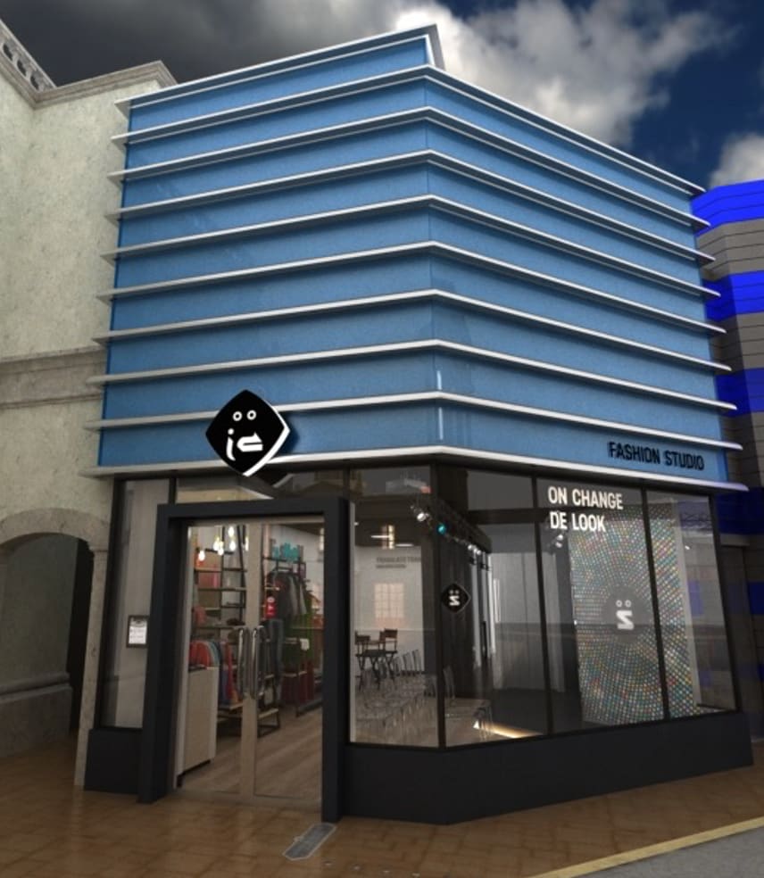 Exterior of a multi-storey commercial building in Dubai with horizontal blue louvred cladding, a fully glazed ground-floor shopfront and a recessed entrance, completed as part of a hospitality and wellness fit-out.